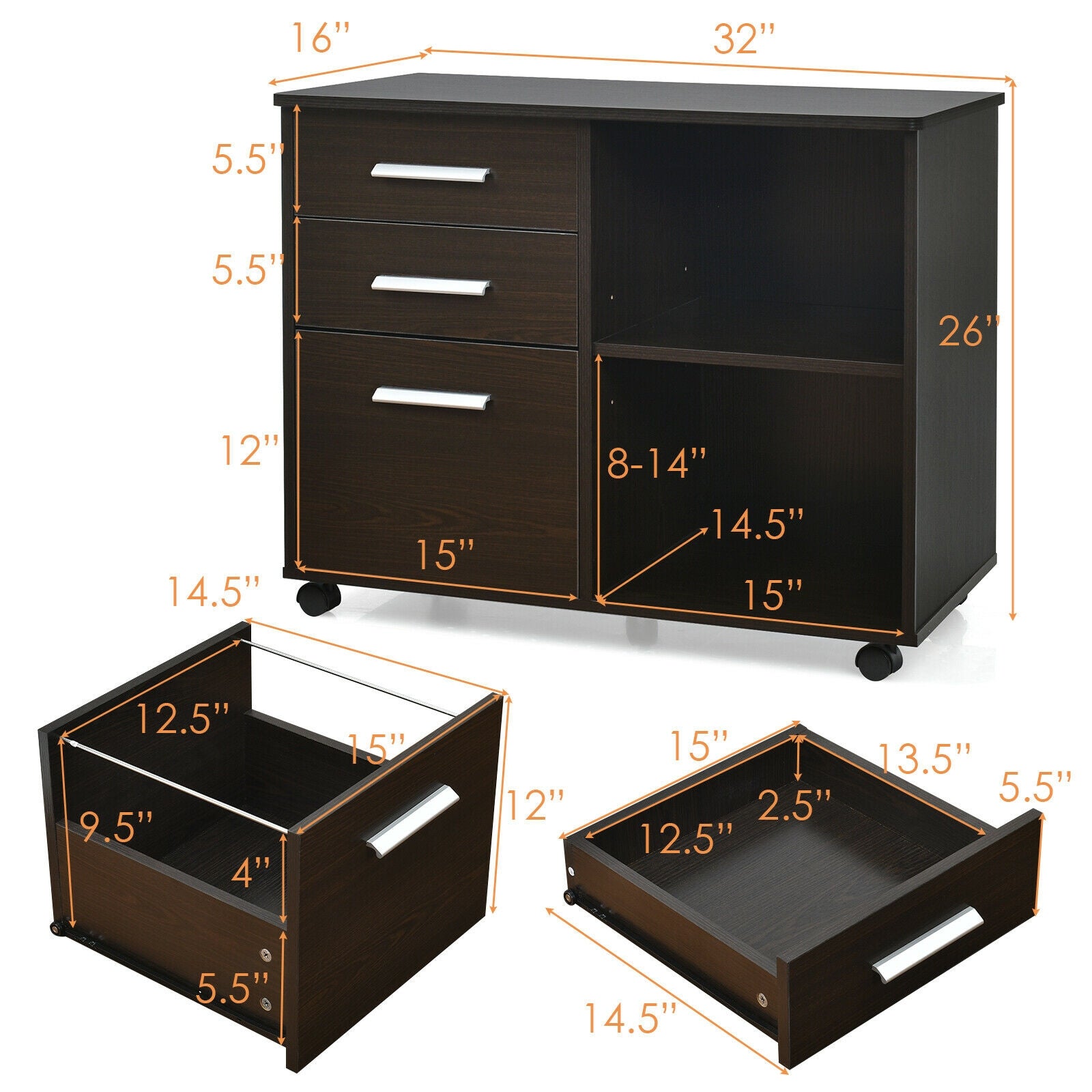 3-Drawer Mobile Lateral File Cabinet Printer Stand, Dark Brown File Cabinets at Gallery Canada