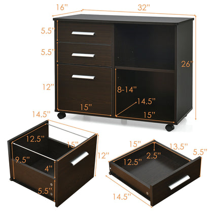 3-Drawer Mobile Lateral File Cabinet Printer Stand, Dark Brown File Cabinets at Gallery Canada