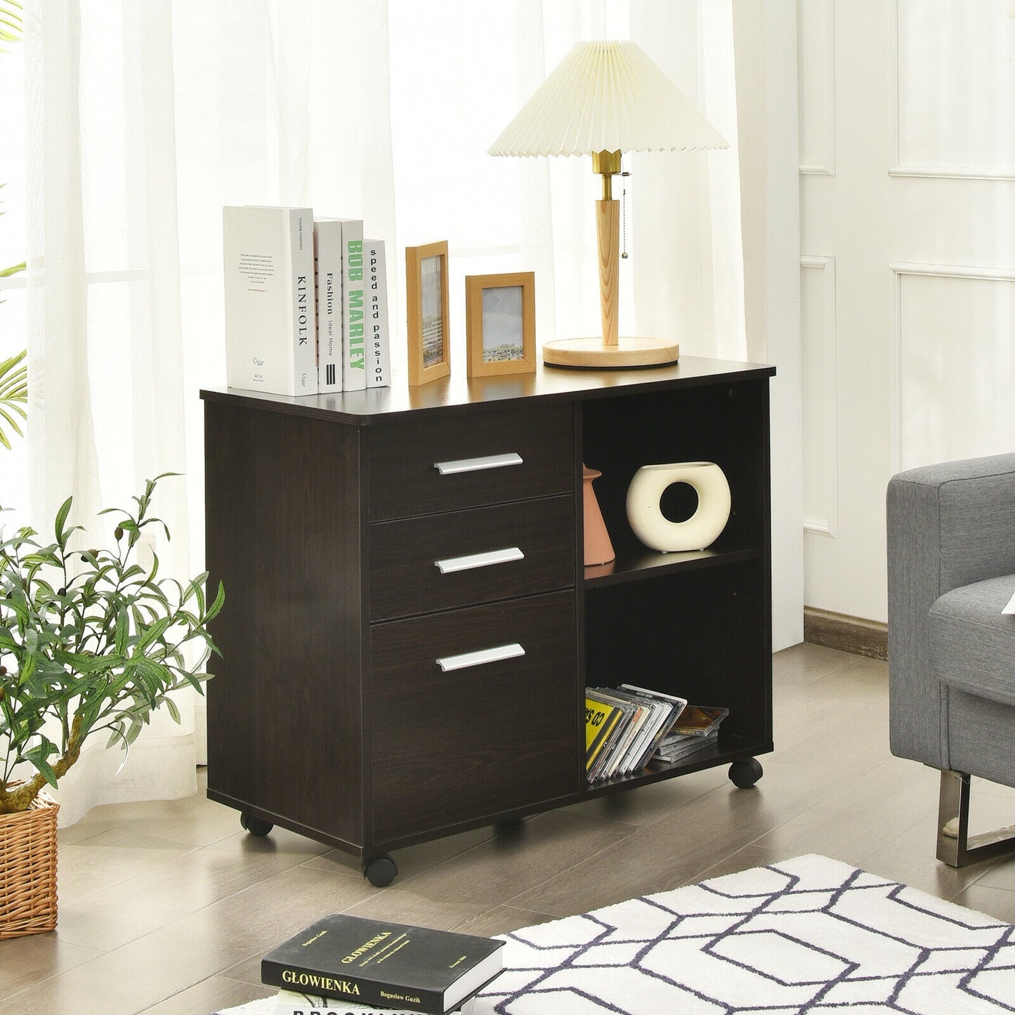 3-Drawer Mobile Lateral File Cabinet Printer Stand, Dark Brown File Cabinets at Gallery Canada