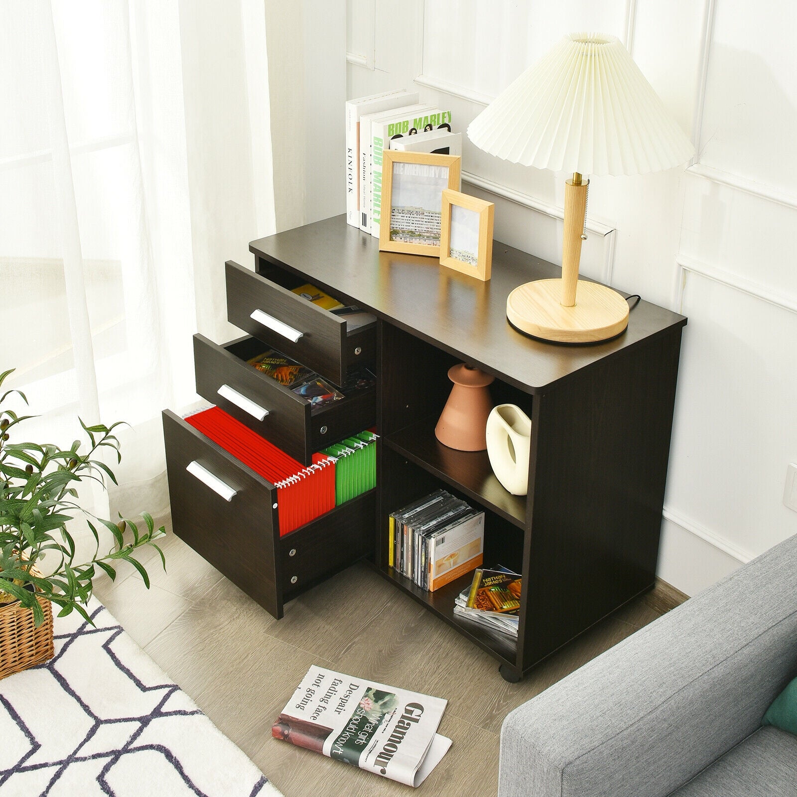 3-Drawer Mobile Lateral File Cabinet Printer Stand, Dark Brown File Cabinets at Gallery Canada