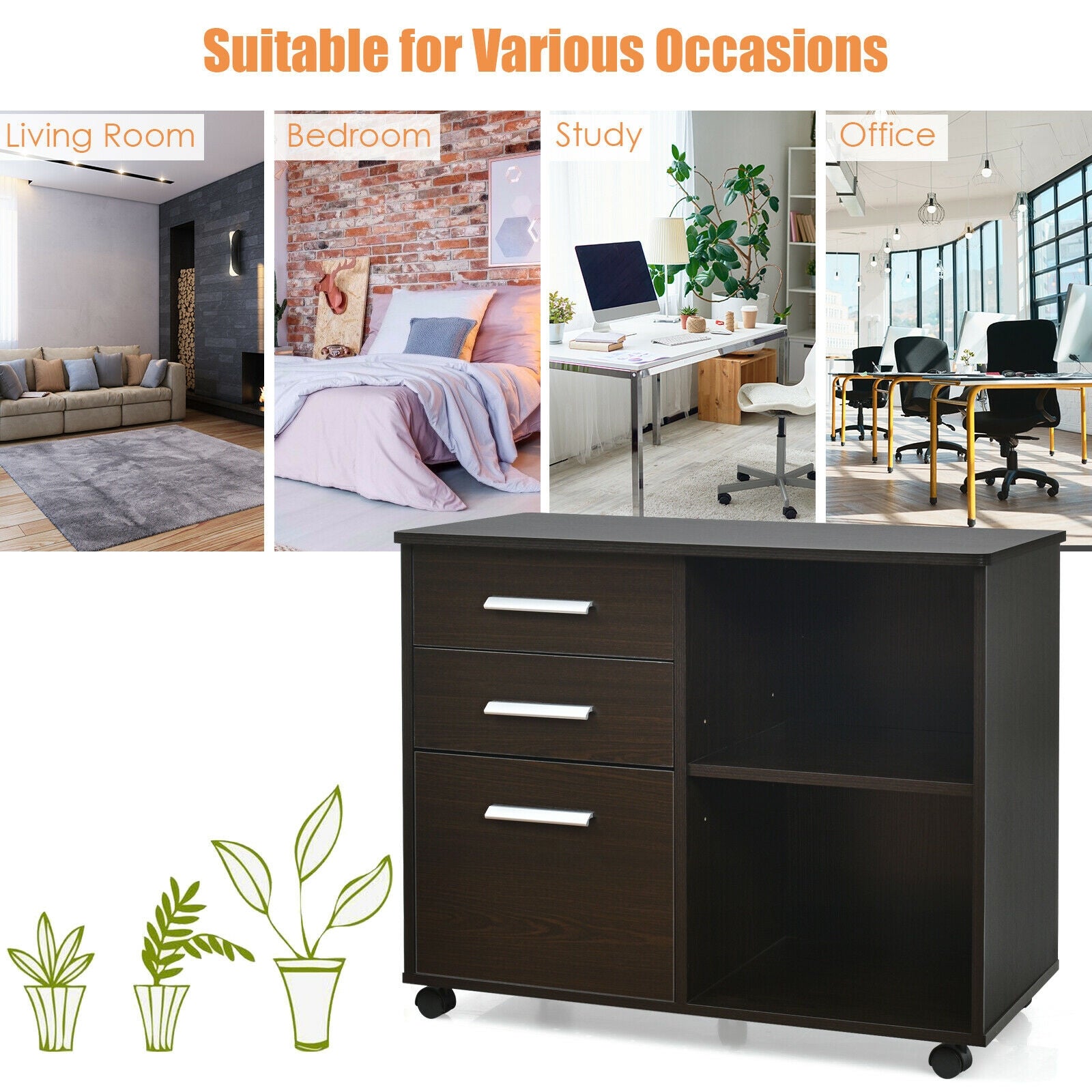 3-Drawer Mobile Lateral File Cabinet Printer Stand, Dark Brown File Cabinets at Gallery Canada