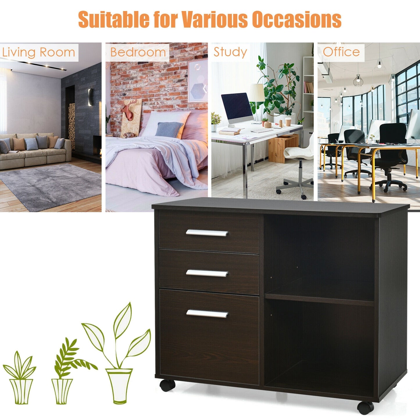 3-Drawer Mobile Lateral File Cabinet Printer Stand, Dark Brown File Cabinets at Gallery Canada