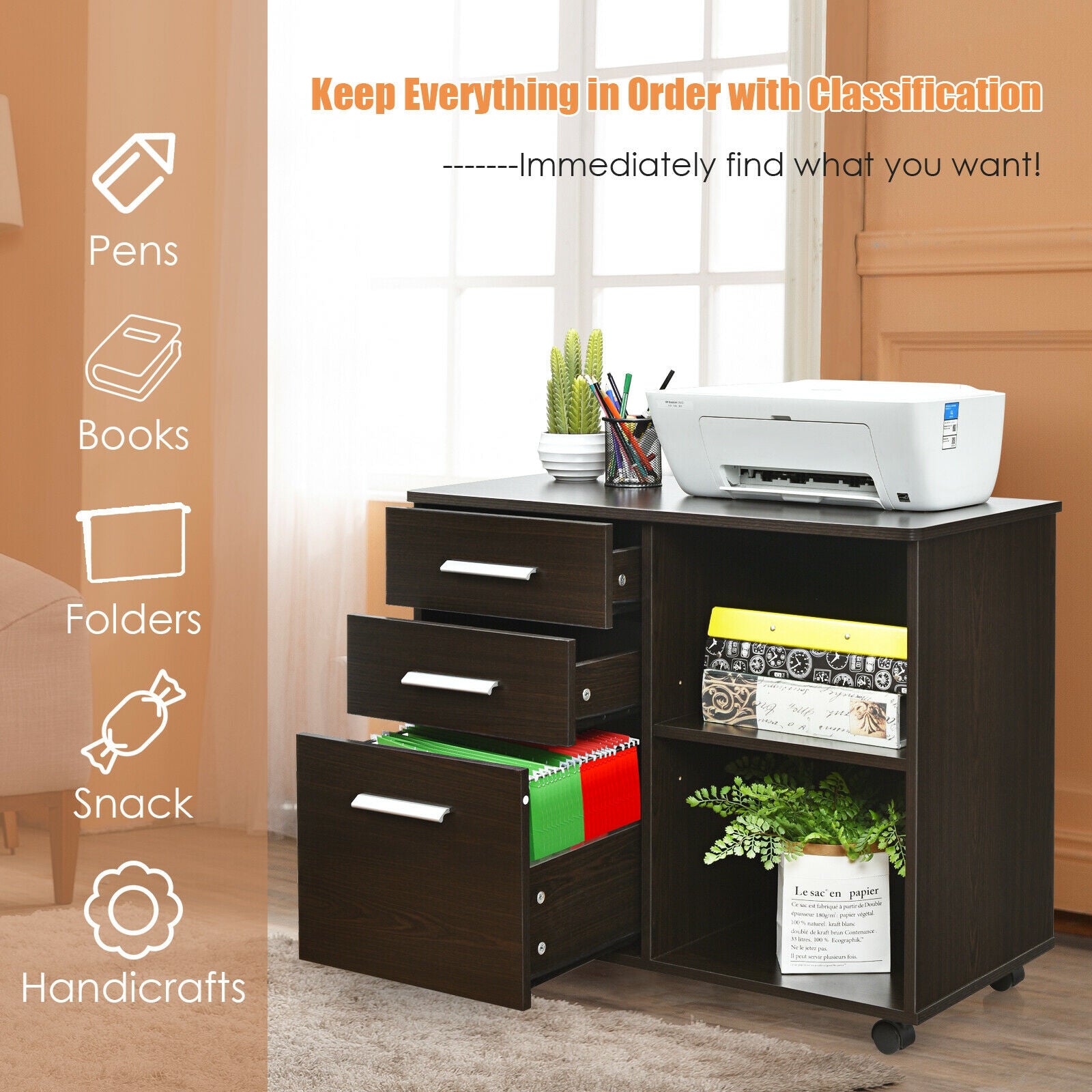 3-Drawer Mobile Lateral File Cabinet Printer Stand, Dark Brown File Cabinets at Gallery Canada