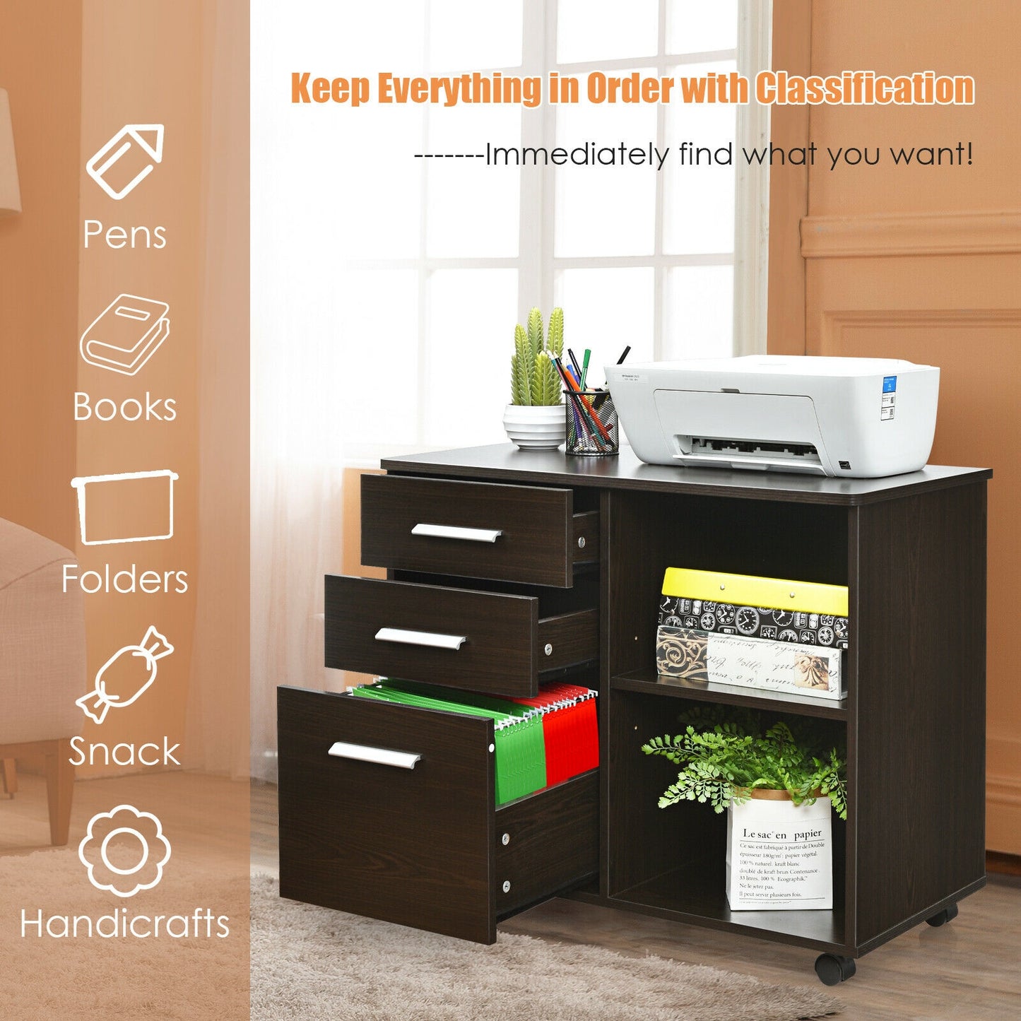3-Drawer Mobile Lateral File Cabinet Printer Stand, Dark Brown File Cabinets at Gallery Canada