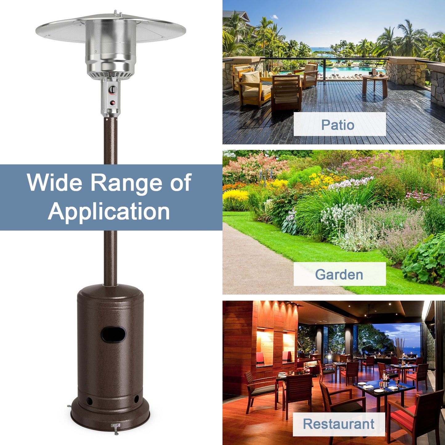 48000 BTU Stainless Steel Propane Patio Heater with Trip over Protection, Bronze Patio Heaters at Gallery Canada