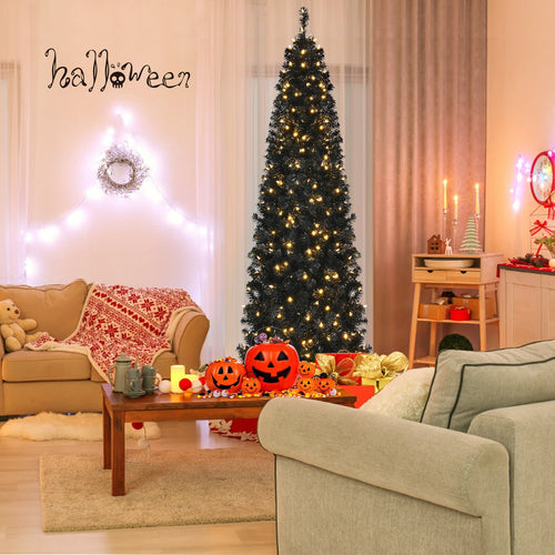 Pre-lit Christmas Halloween Tree with PVC Branch Tips and Warm White Lights-7', Black