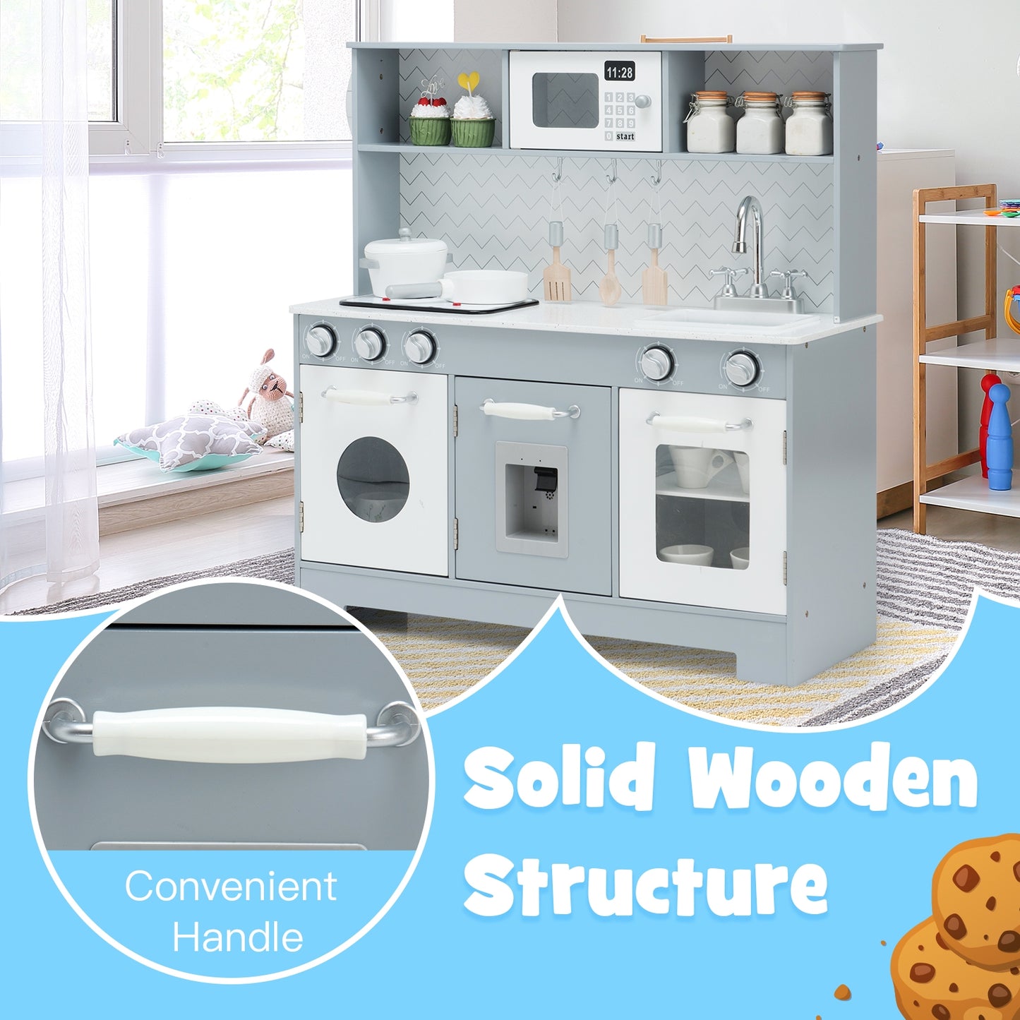 Pretend Play Kitchen Wooden Toy Set for Kids with Realistic Light and Sound, Gray & White Play Kitchen Sets at Gallery Canada