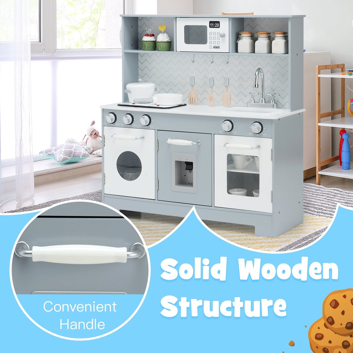 Pretend Play Kitchen Wooden Toy Set for Kids with Realistic Light and Sound, Gray & White - Gallery Canada