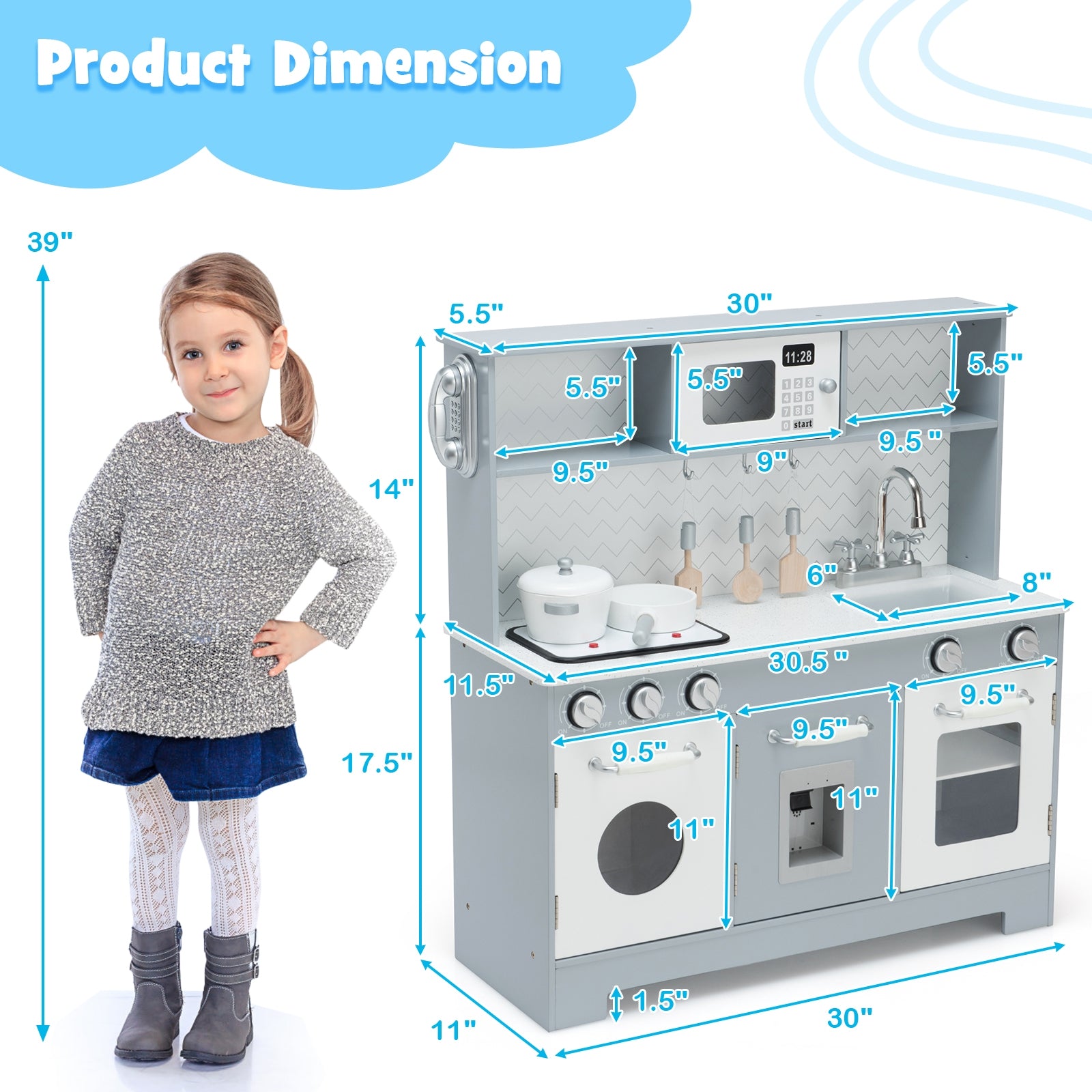 Pretend Play Kitchen Wooden Toy Set for Kids with Realistic Light and Sound, Gray & White Play Kitchen Sets at Gallery Canada