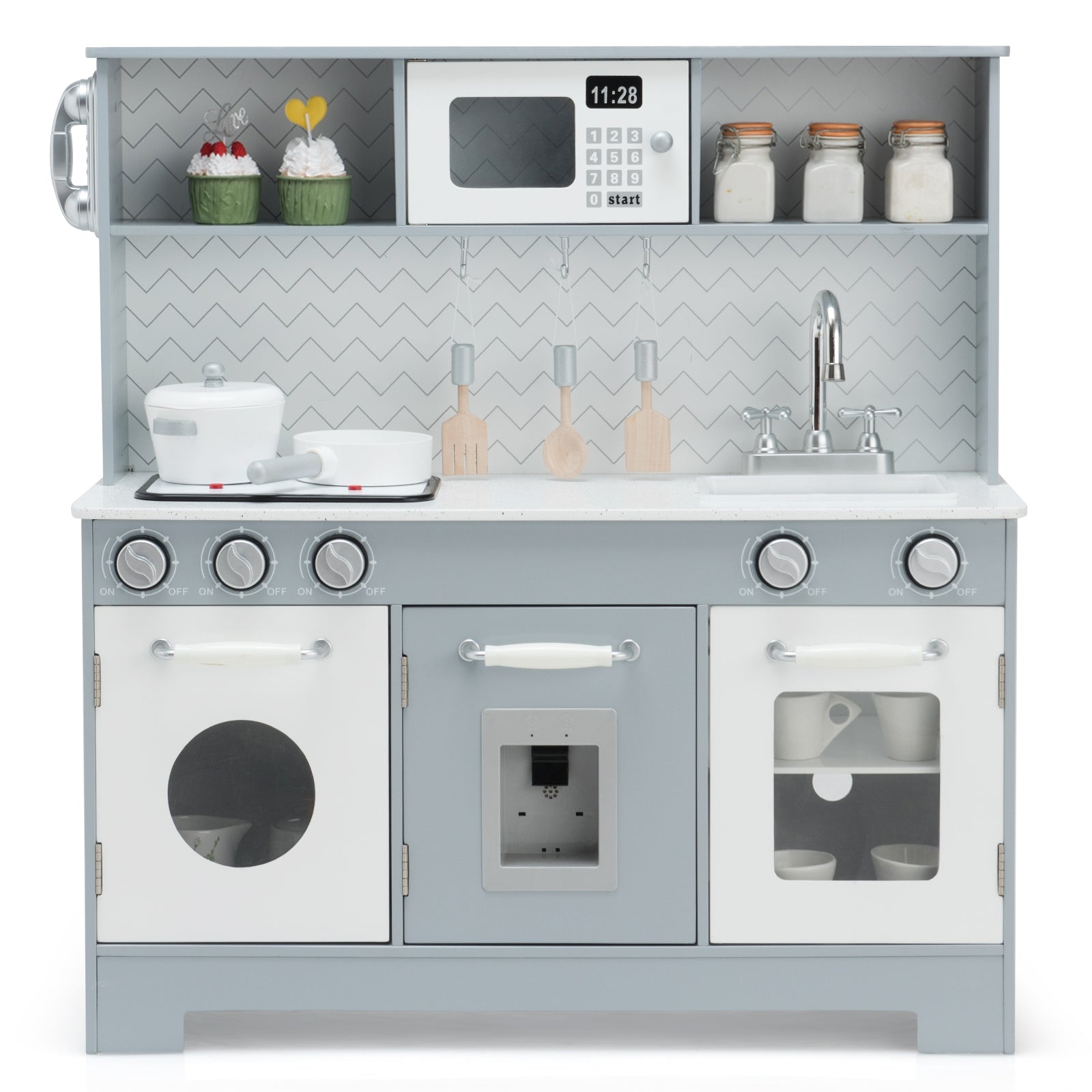 Pretend Play Kitchen Wooden Toy Set for Kids with Realistic Light and Sound, Gray & White Play Kitchen Sets at Gallery Canada
