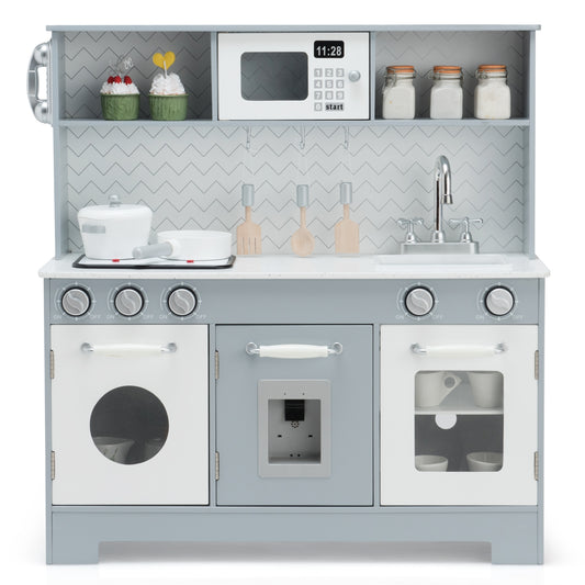 Pretend Play Kitchen Wooden Toy Set for Kids with Realistic Light and Sound, Gray & White Play Kitchen Sets Gray & White at Gallery Canada