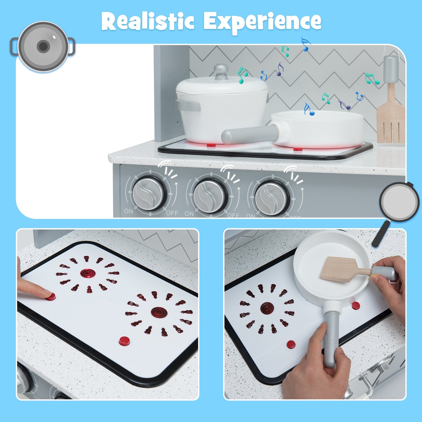 Pretend Play Kitchen Wooden Toy Set for Kids with Realistic Light and Sound, Gray & White Play Kitchen Sets at Gallery Canada