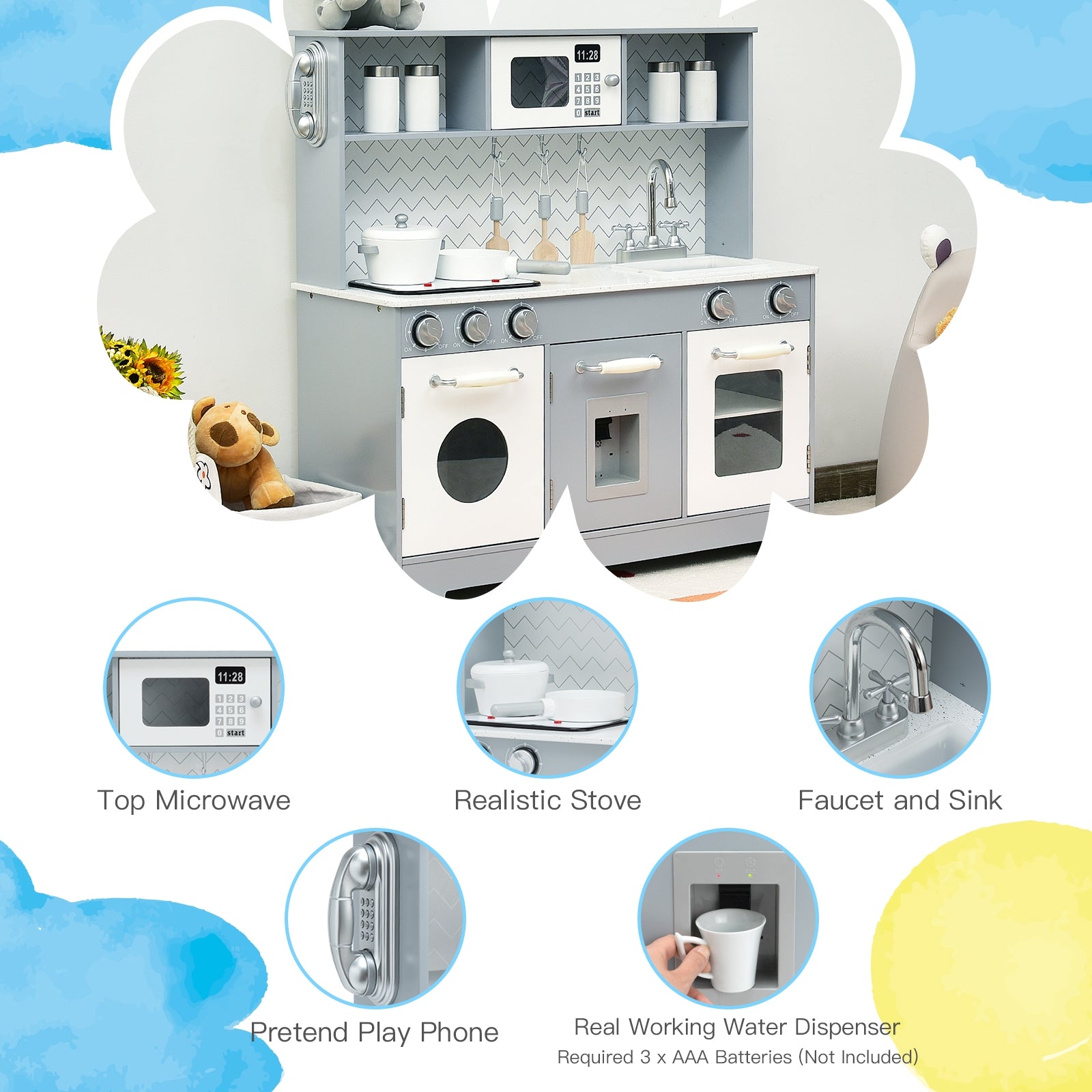 Pretend Play Kitchen Wooden Toy Set for Kids with Realistic Light and Sound, Gray & White Play Kitchen Sets at Gallery Canada