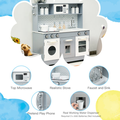 Pretend Play Kitchen Wooden Toy Set for Kids with Realistic Light and Sound, Gray & White Play Kitchen Sets at Gallery Canada