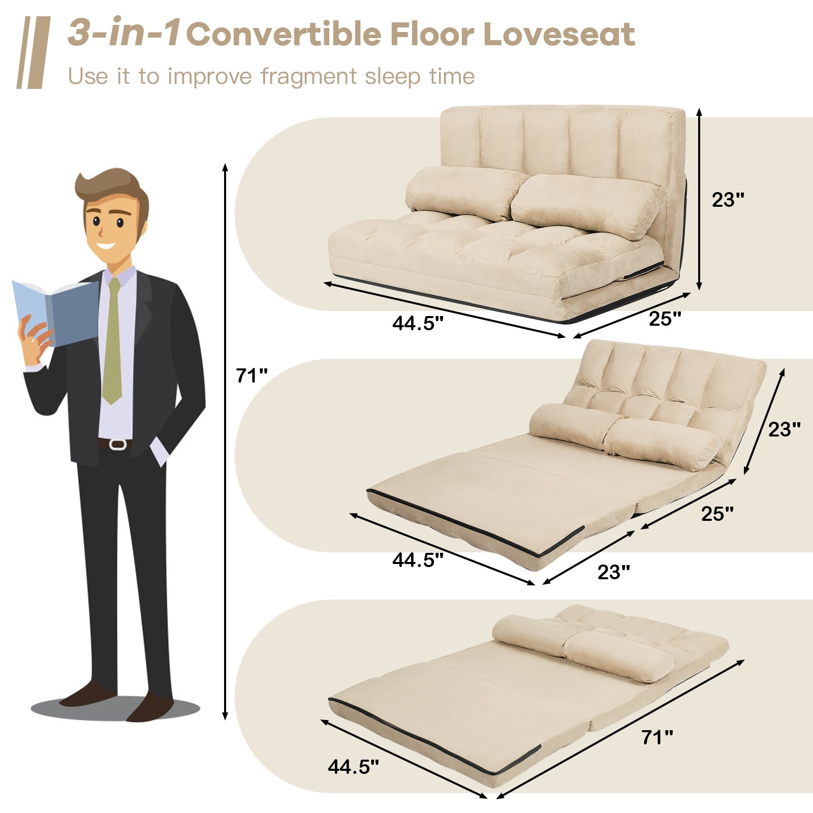 Foldable Floor 6-Position Adjustable Lounge Couch, Beige Floor Chairs at Gallery Canada