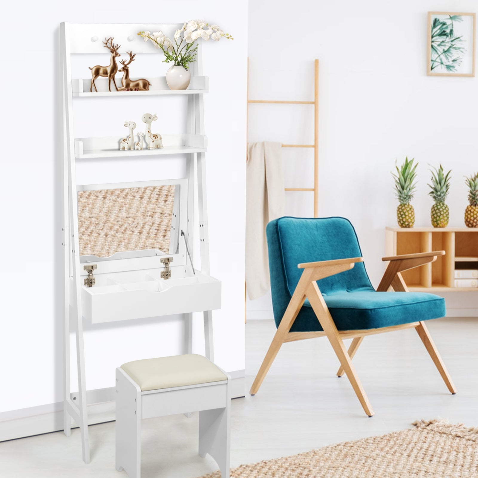 3-in-1 Modern Shelf Vanity Set with Flip Top Mirror and 6 Makeup Organizers, White Makeup Vanities at Gallery Canada