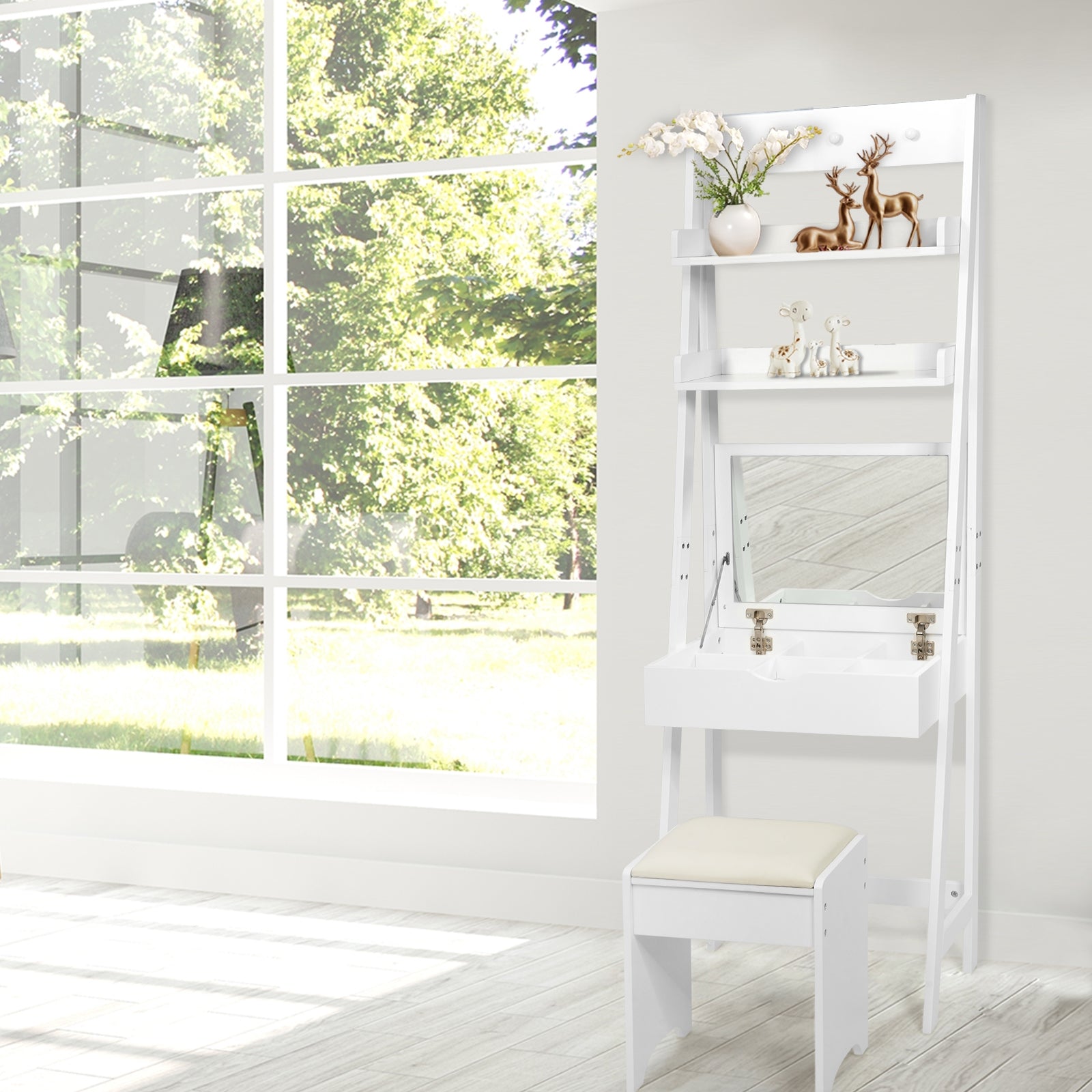 3-in-1 Modern Shelf Vanity Set with Flip Top Mirror and 6 Makeup Organizers, White Makeup Vanities at Gallery Canada