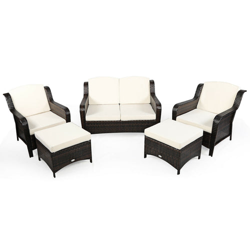 5 Piece Patio Rattan Sofa Set With Cushion, Ottoman, Off White
