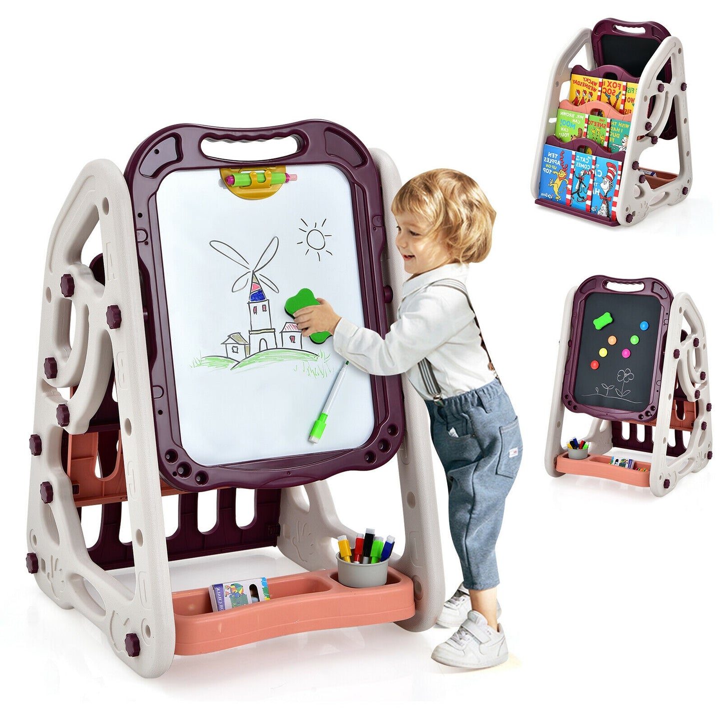 3-in-1 Kids Art Easel, Double-Sided Tabletop, Red Art Easels Red at Gallery Canada