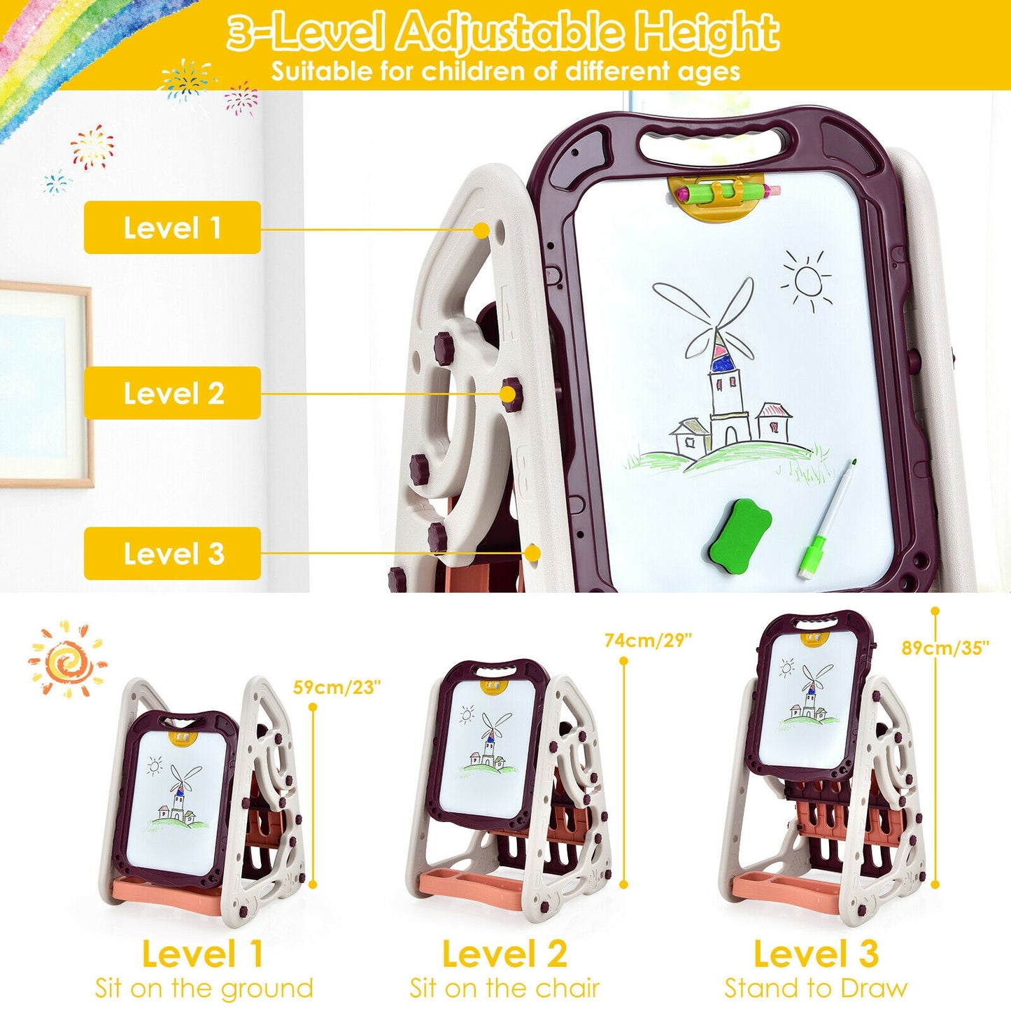 3-in-1 Kids Art Easel Double-Sided Tabletop Easel with Art Accessories, Red Art Easels at Gallery Canada