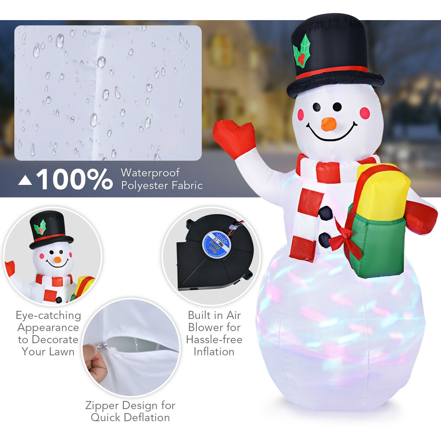 5 Feet Tall Snowman Inflatable with Built-in Colorful LED Lights, White Christmas Inflatables at Gallery Canada