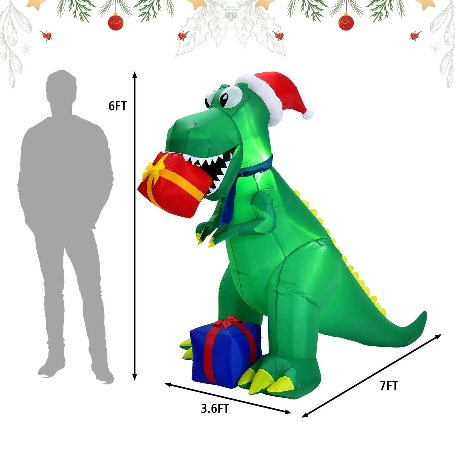 6 Feet Christmas Inflatable Dinosaur for Indoor and Outdoor, Green - Gallery Canada