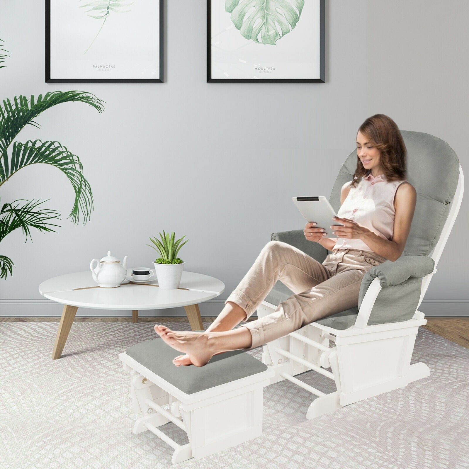 Wood Baby Glider and Ottoman Cushion Set with Padded Armrests, Light Gray Recliners at Gallery Canada