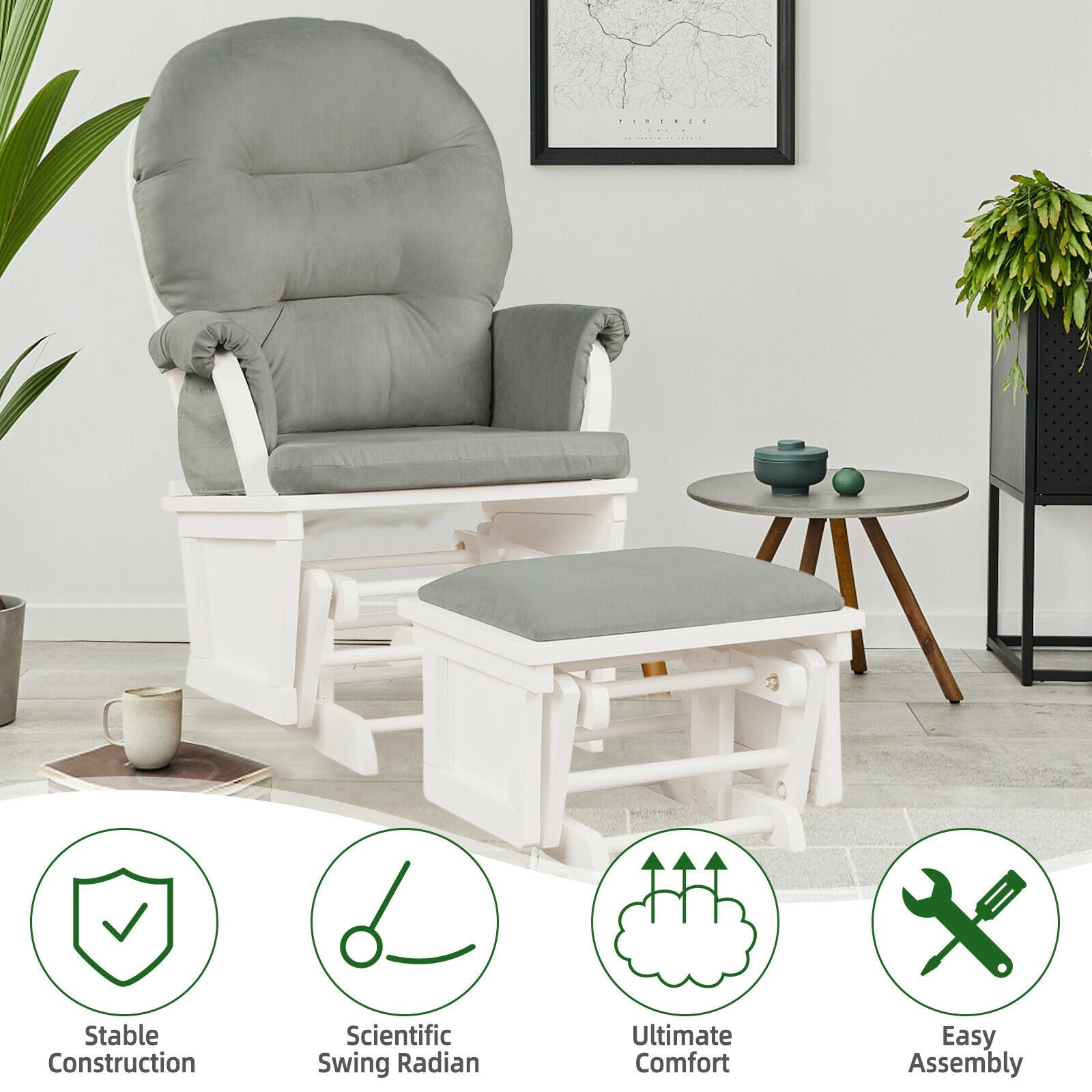 Wood Baby Glider and Ottoman Cushion Set with Padded Armrests, Light Gray Recliners at Gallery Canada
