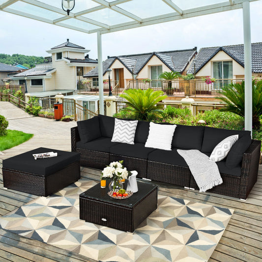 6 Pieces Outdoor Patio Rattan Furniture Set Sofa Ottoman-Dark Black, Black Outdoor Sectionals Black at Gallery Canada