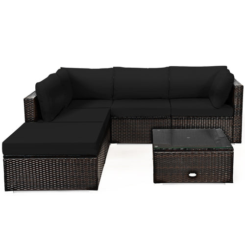 6 Piece Rattan Patio Furniture Set, Sofa Ottoman, Dark Black