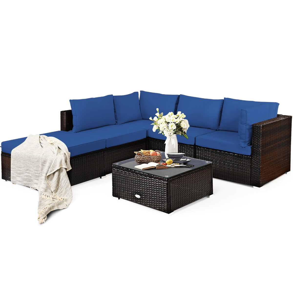 6 Pieces Outdoor Patio Rattan Furniture Set Sofa Ottoman, Blue Outdoor Sectionals at Gallery Canada