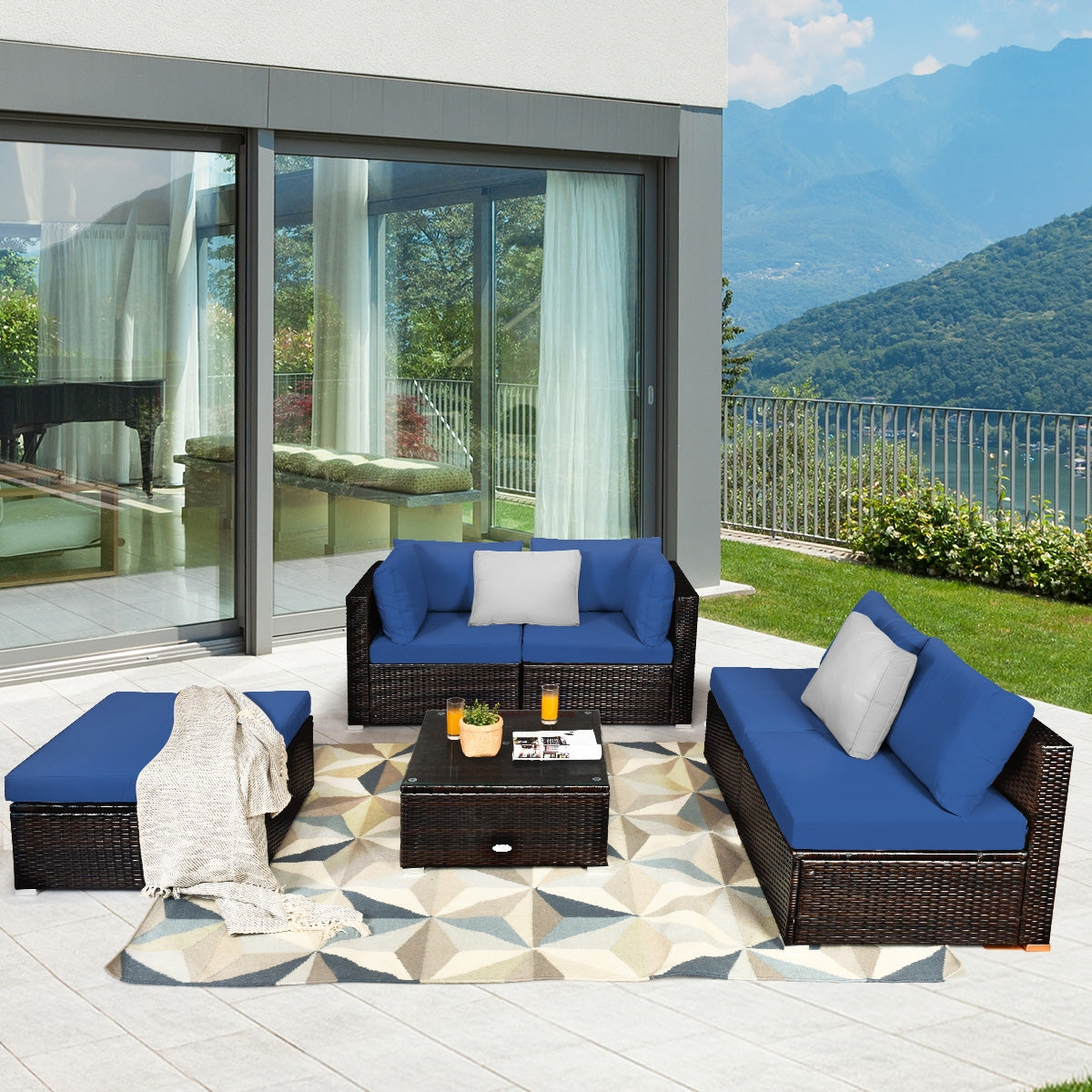 6 Pieces Outdoor Patio Rattan Furniture Set Sofa Ottoman, Blue Outdoor Sectionals at Gallery Canada