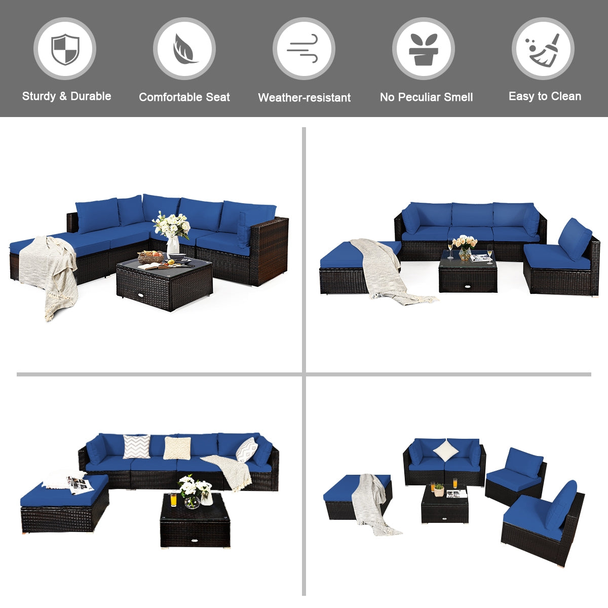 6 Pieces Outdoor Patio Rattan Furniture Set Sofa Ottoman, Blue Outdoor Sectionals at Gallery Canada