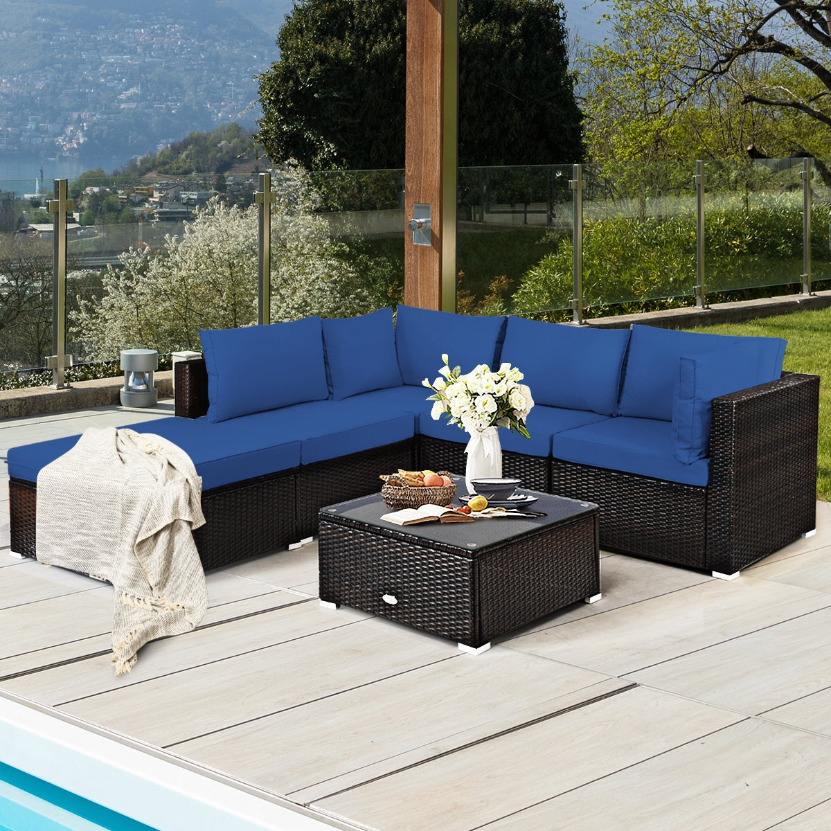 6 Pieces Outdoor Patio Rattan Furniture Set Sofa Ottoman, Blue Outdoor Sectionals at Gallery Canada