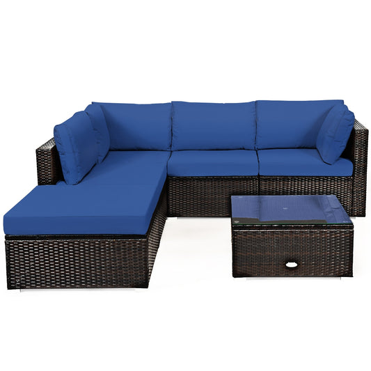 6 Pieces Outdoor Patio Rattan Furniture Set Sofa Ottoman, Blue Outdoor Sectionals Blue at Gallery Canada