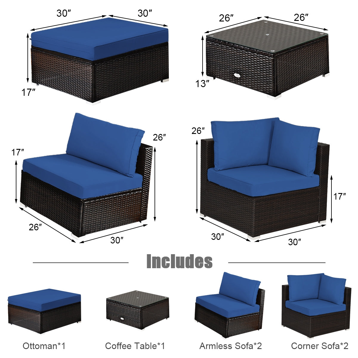 6 Pieces Outdoor Patio Rattan Furniture Set Sofa Ottoman, Blue Outdoor Sectionals at Gallery Canada