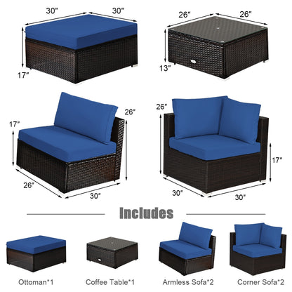 6 Pieces Outdoor Patio Rattan Furniture Set Sofa Ottoman, Blue Outdoor Sectionals at Gallery Canada