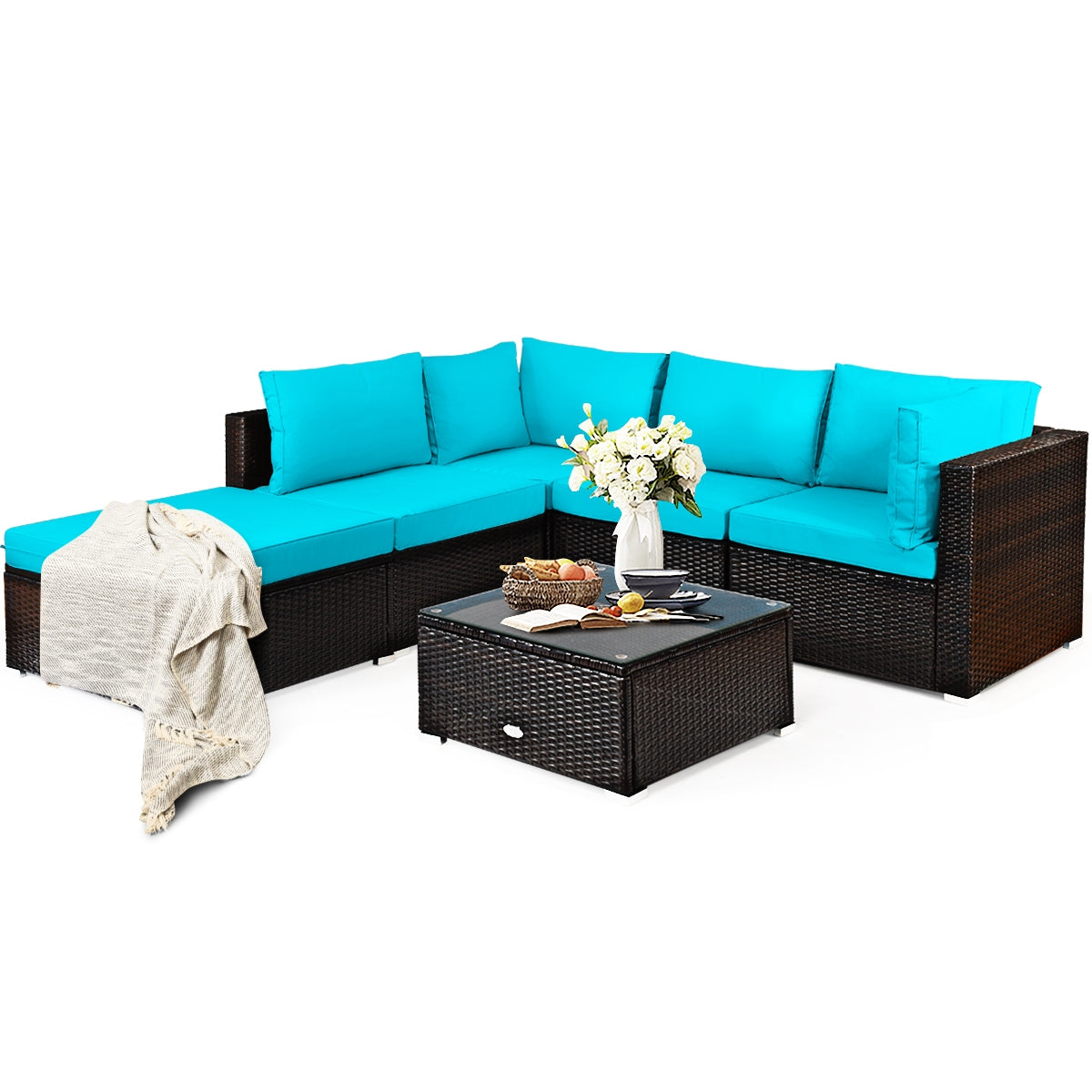 6 Pieces Outdoor Patio Rattan Furniture Set Sofa Ottoman, Turquoise Outdoor Sectionals at Gallery Canada