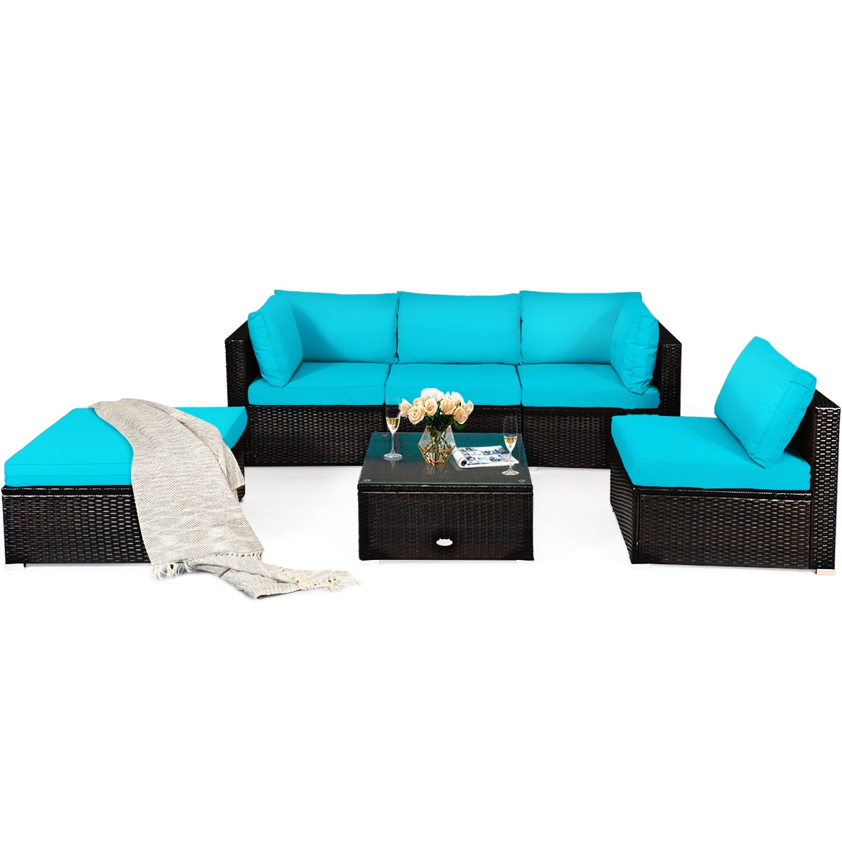 6 Pieces Outdoor Patio Rattan Furniture Set Sofa Ottoman, Turquoise Outdoor Sectionals at Gallery Canada