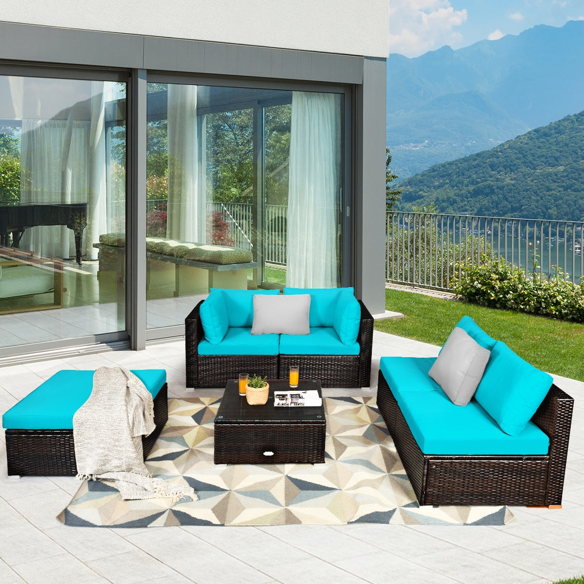 6 Pieces Outdoor Patio Rattan Furniture Set Sofa Ottoman, Turquoise Outdoor Sectionals at Gallery Canada