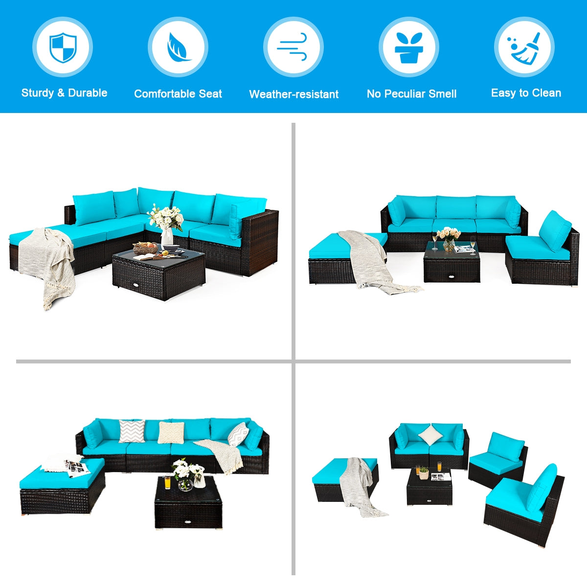 6 Pieces Outdoor Patio Rattan Furniture Set Sofa Ottoman, Turquoise Outdoor Sectionals at Gallery Canada
