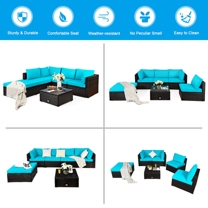 6 Pieces Outdoor Patio Rattan Furniture Set Sofa Ottoman, Turquoise Outdoor Sectionals at Gallery Canada