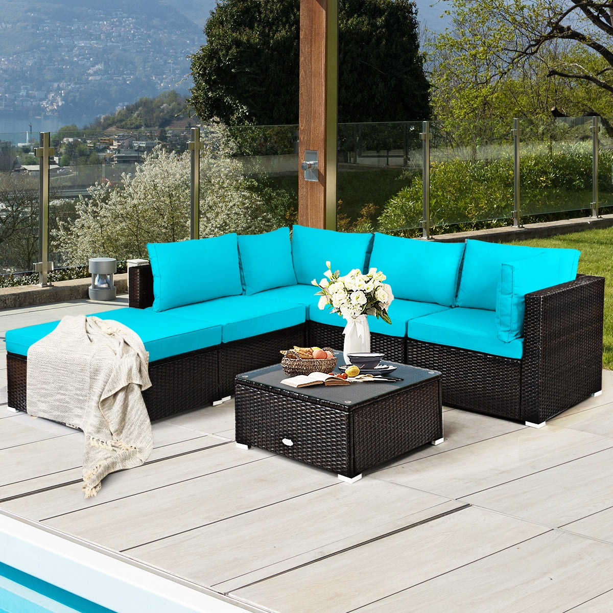 6 Pieces Outdoor Patio Rattan Furniture Set Sofa Ottoman, Turquoise Outdoor Sectionals at Gallery Canada