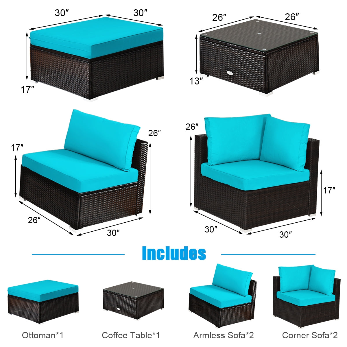 6 Pieces Outdoor Patio Rattan Furniture Set Sofa Ottoman, Turquoise Outdoor Sectionals at Gallery Canada