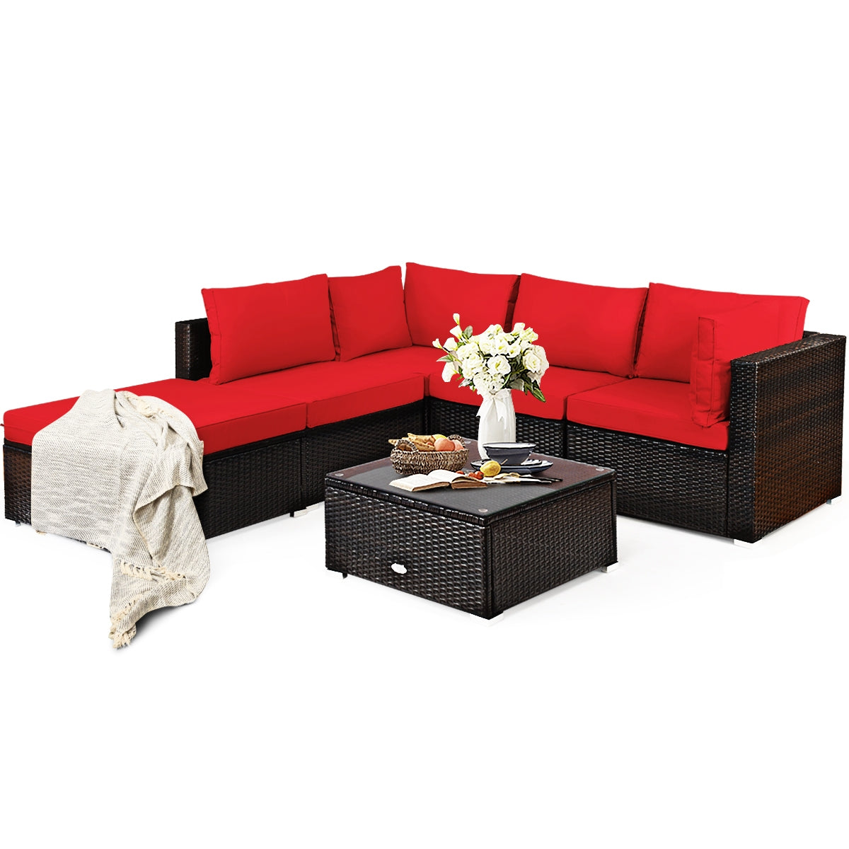 6 Pieces Outdoor Patio Rattan Furniture Set Sofa Ottoman, Red Outdoor Sectionals at Gallery Canada