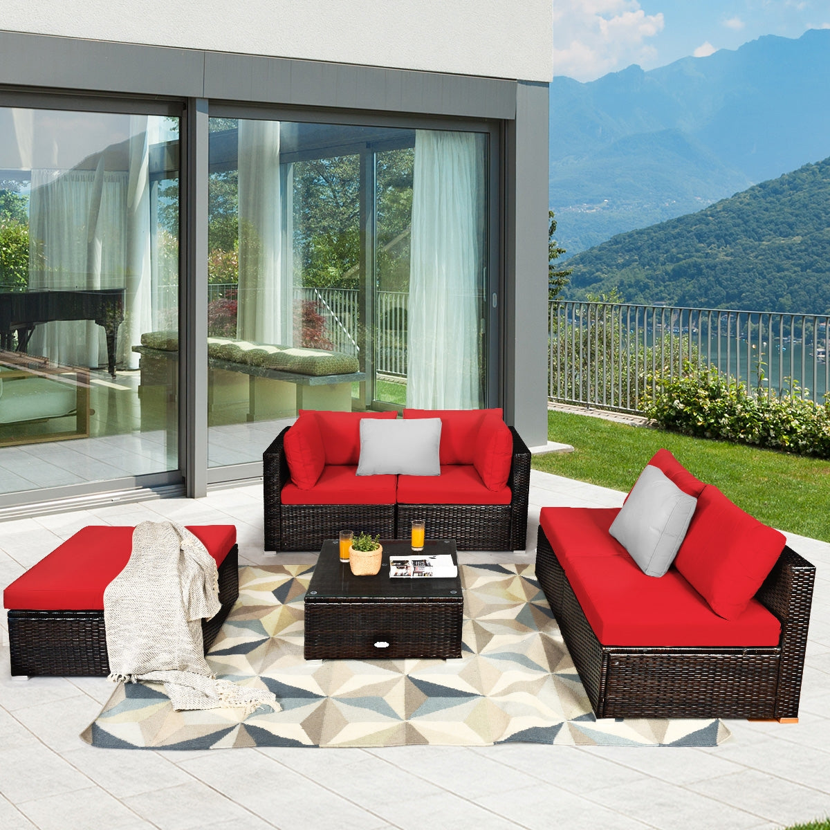 6 Pieces Outdoor Patio Rattan Furniture Set Sofa Ottoman, Red Outdoor Sectionals at Gallery Canada