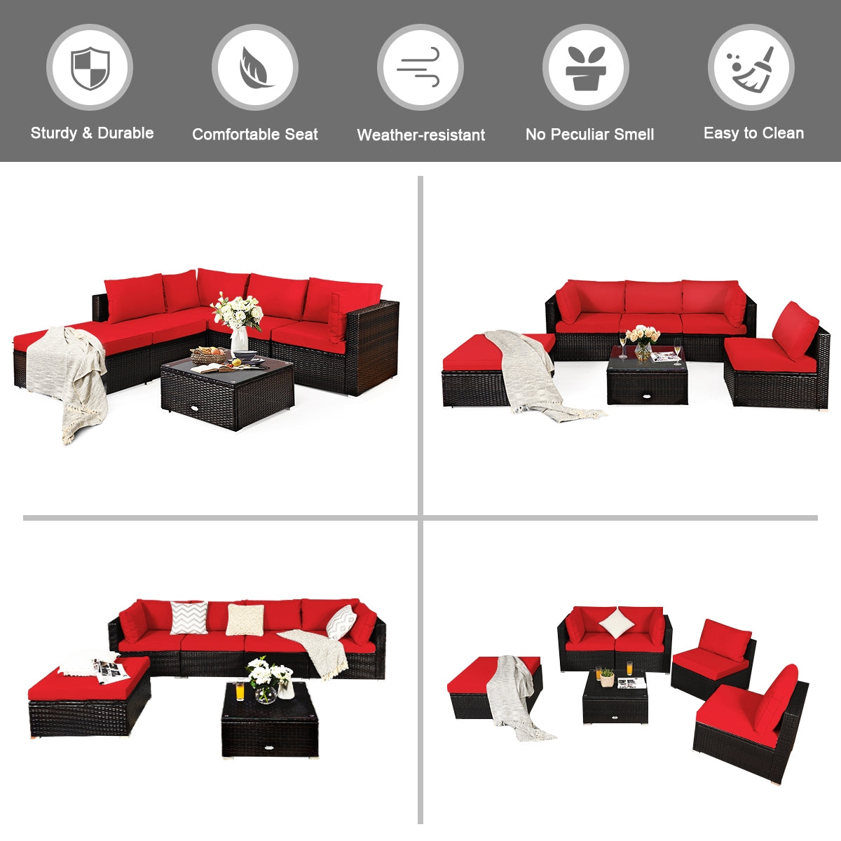 6 Pieces Outdoor Patio Rattan Furniture Set Sofa Ottoman, Red Outdoor Sectionals at Gallery Canada