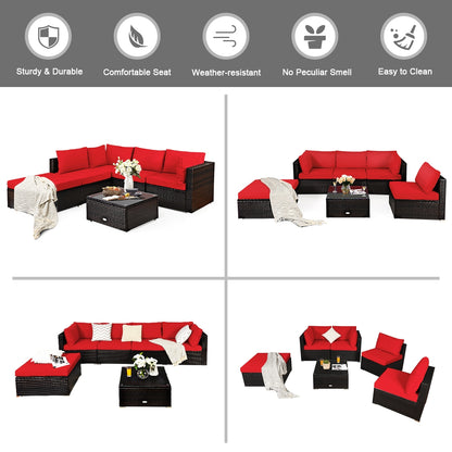 6 Pieces Outdoor Patio Rattan Furniture Set Sofa Ottoman, Red Outdoor Sectionals at Gallery Canada