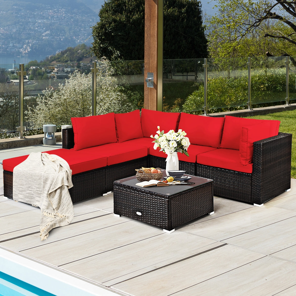 6 Pieces Outdoor Patio Rattan Furniture Set Sofa Ottoman, Red Outdoor Sectionals at Gallery Canada