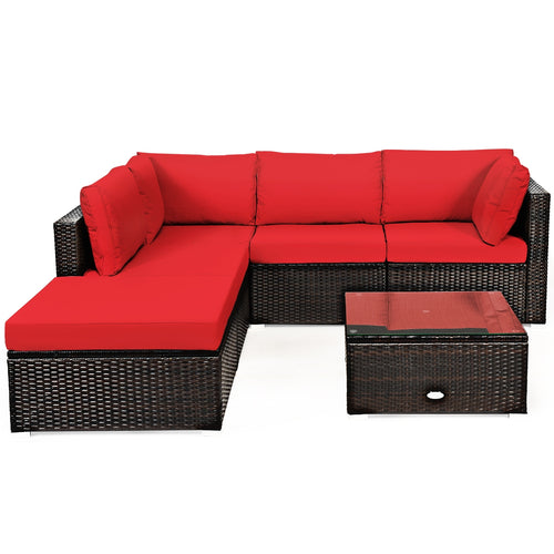 6-Piece Outdoor Patio Rattan Furniture Set, Sofa Ottoman, Red